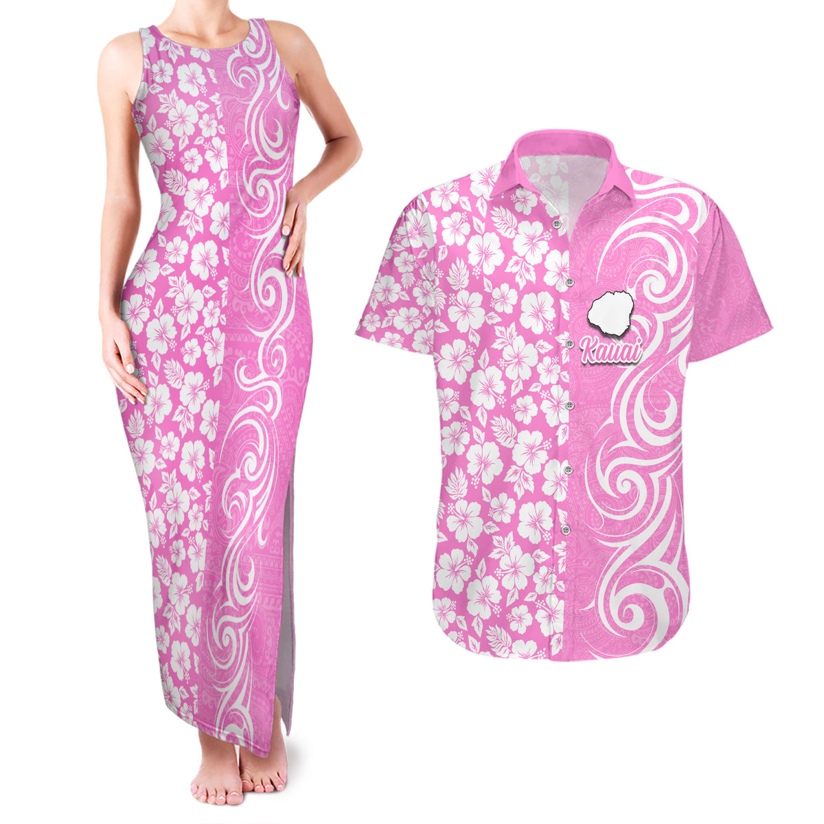 Custom Hawaii Kauai Island Couples Matching Tank Maxi Dress and Hawaiian Shirt Hibiscus Pattern Seamless Tribal Simple Pink LT03 Pink - Polynesian Pride
