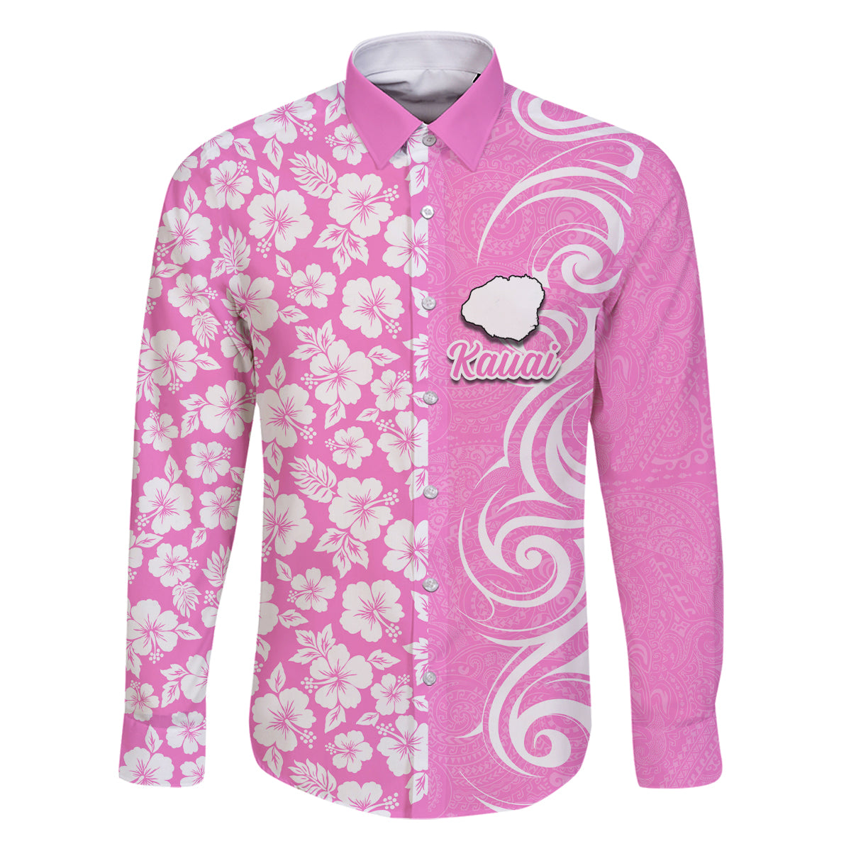 Custom Hawaii Kauai Island Family Matching Puletasi Dress and Hawaiian Shirt Hibiscus Pattern Seamless Tribal Simple Pink LT03 Dad's Shirt - Long Sleeve Pink - Polynesian Pride