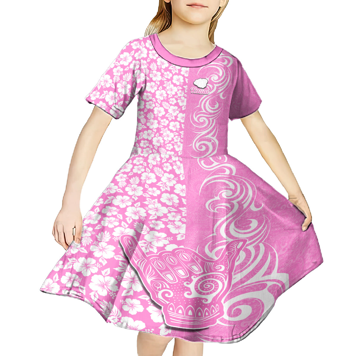 Custom Hawaii Kauai Island Kid Short Sleeve Dress Hibiscus Pattern Seamless Tribal Simple Pink LT03 - Polynesian Pride