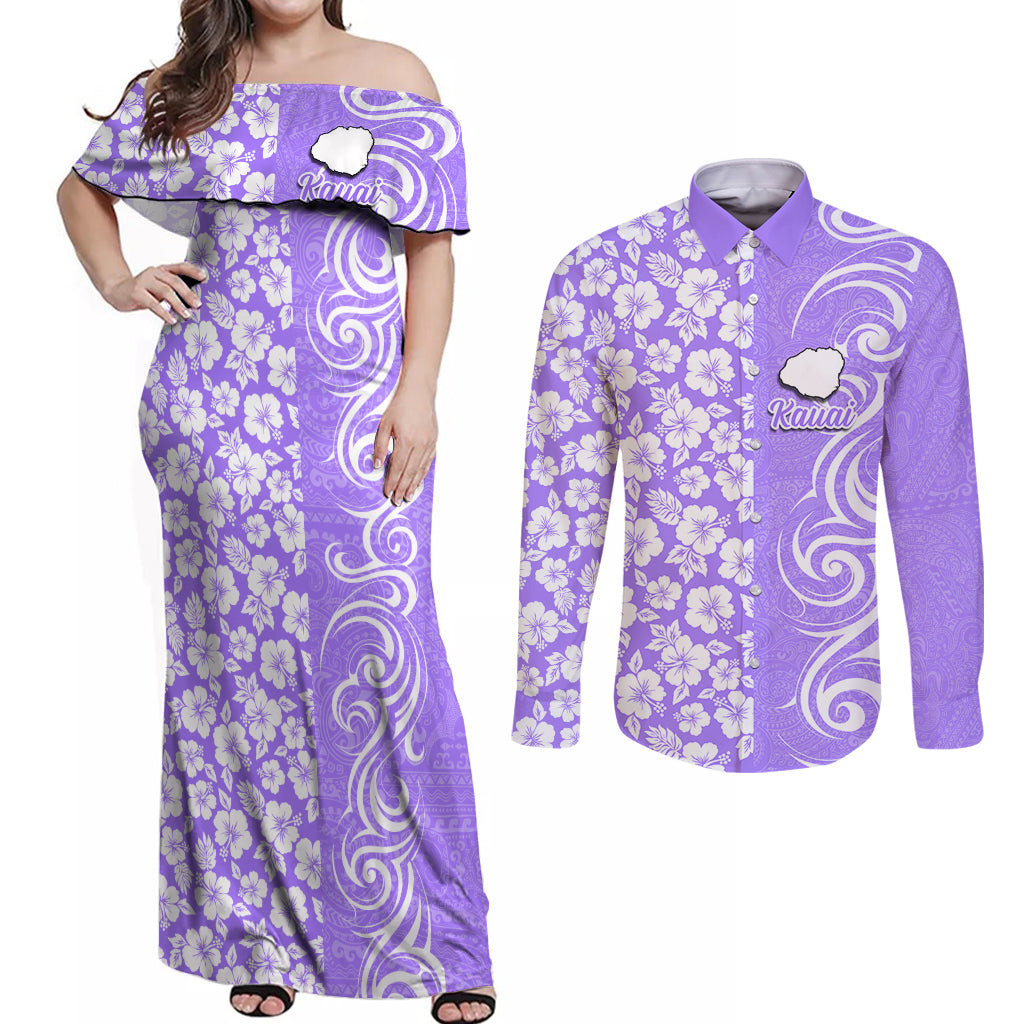 Hawaii Kauai Island Couples Matching Off Shoulder Maxi Dress and Long Sleeve Button Shirts Hibiscus Pattern Seamless Tribal Simple Purple LT03 Purple - Polynesian Pride