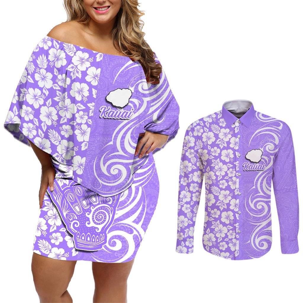 Hawaii Kauai Island Couples Matching Off Shoulder Short Dress and Long Sleeve Button Shirts Hibiscus Pattern Seamless Tribal Simple Purple LT03 Purple - Polynesian Pride