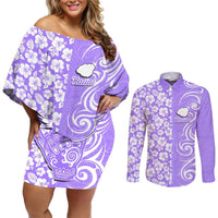 Hawaii Kauai Island Couples Matching Off Shoulder Short Dress and Long Sleeve Button Shirts Hibiscus Pattern Seamless Tribal Simple Purple LT03 Purple - Polynesian Pride
