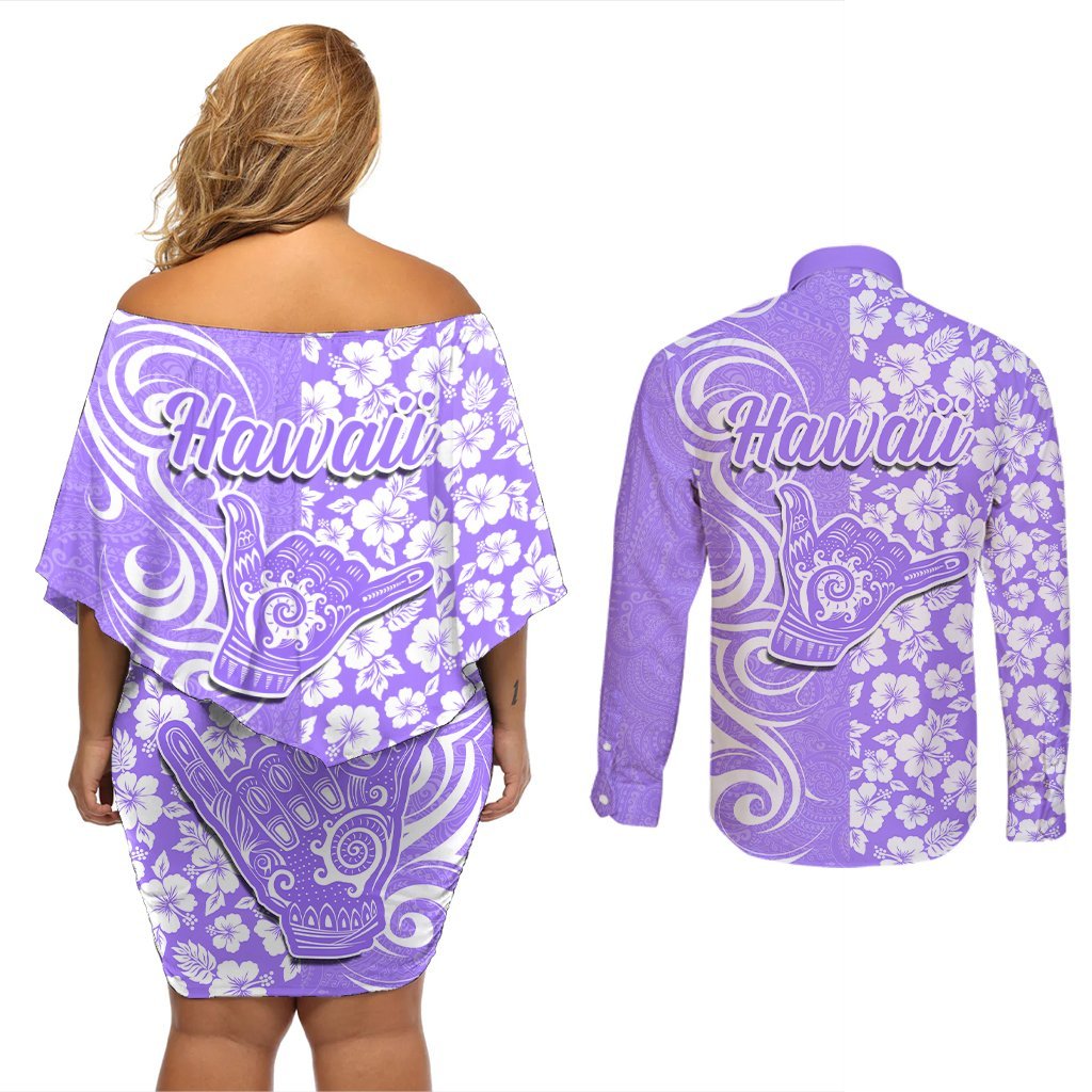 Hawaii Kauai Island Couples Matching Off Shoulder Short Dress and Long Sleeve Button Shirts Hibiscus Pattern Seamless Tribal Simple Purple LT03 - Polynesian Pride