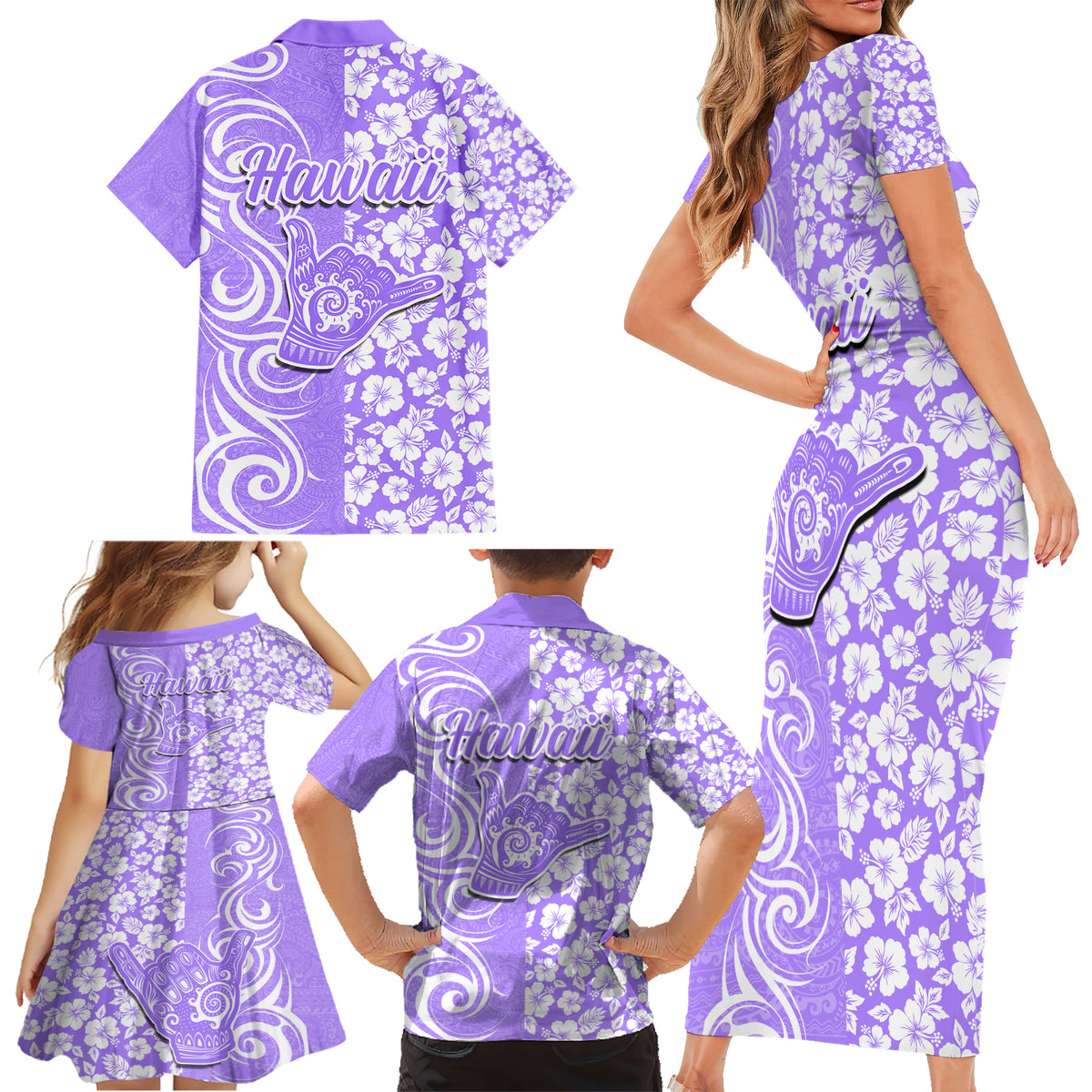 Hawaii Kauai Island Family Matching Short Sleeve Bodycon Dress and Hawaiian Shirt Hibiscus Pattern Seamless Tribal Simple Purple LT03 - Polynesian Pride