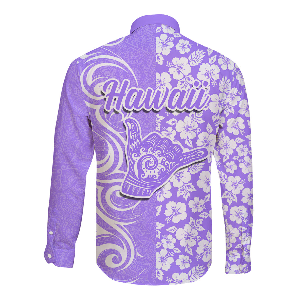 Hawaii Kauai Island Long Sleeve Button Shirt Hibiscus Pattern Seamless Tribal Simple Purple LT03 - Polynesian Pride