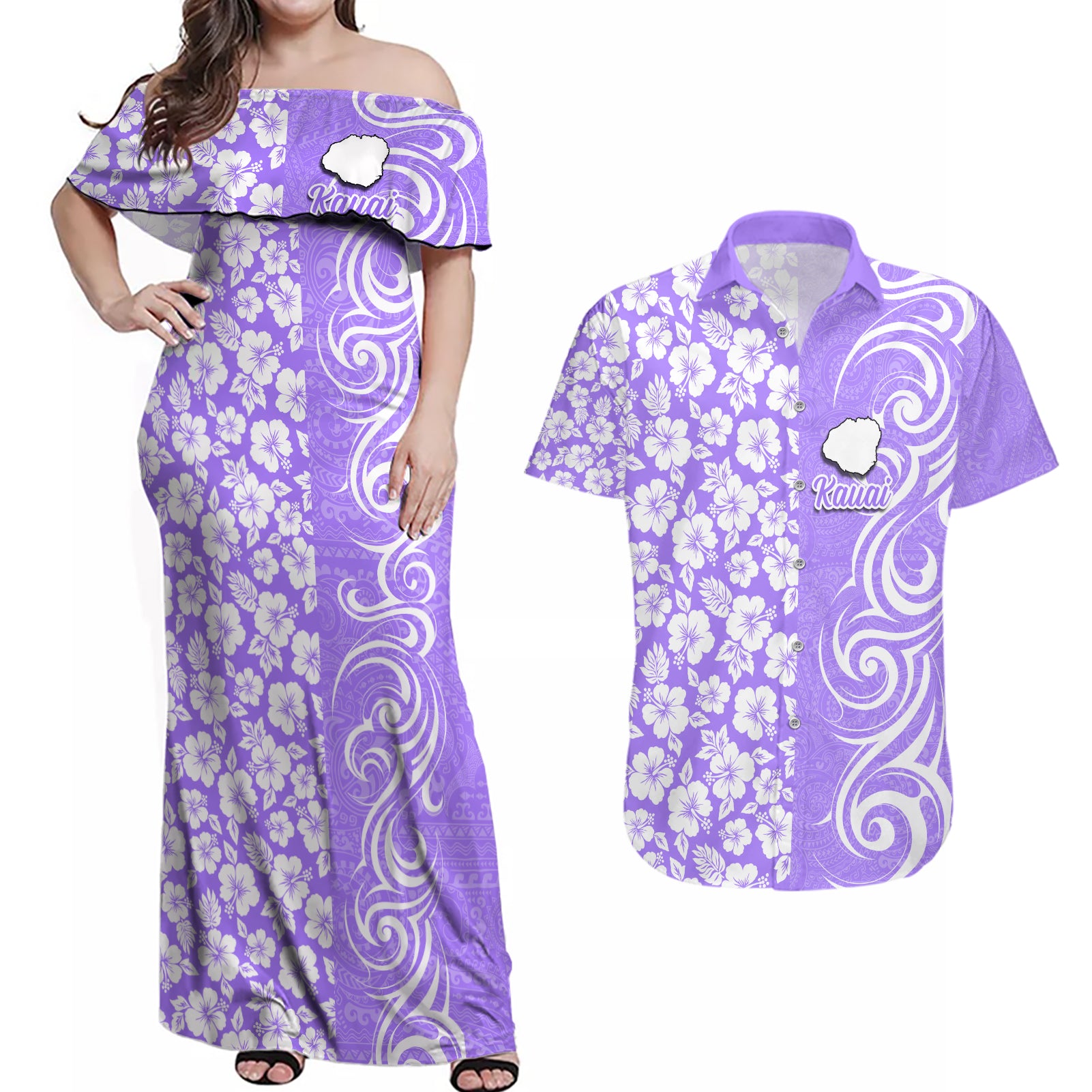 Custom Hawaii Kauai Island Couples Matching Off Shoulder Maxi Dress and Hawaiian Shirt Hibiscus Pattern Seamless Tribal Simple Purple LT03 Purple - Polynesian Pride