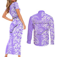 Custom Hawaii Kauai Island Couples Matching Short Sleeve Bodycon Dress and Long Sleeve Button Shirts Hibiscus Pattern Seamless Tribal Simple Purple LT03 - Polynesian Pride