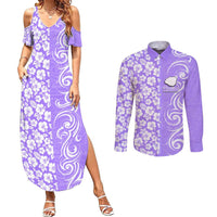 Custom Hawaii Kauai Island Couples Matching Summer Maxi Dress and Long Sleeve Button Shirts Hibiscus Pattern Seamless Tribal Simple Purple LT03 Purple - Polynesian Pride