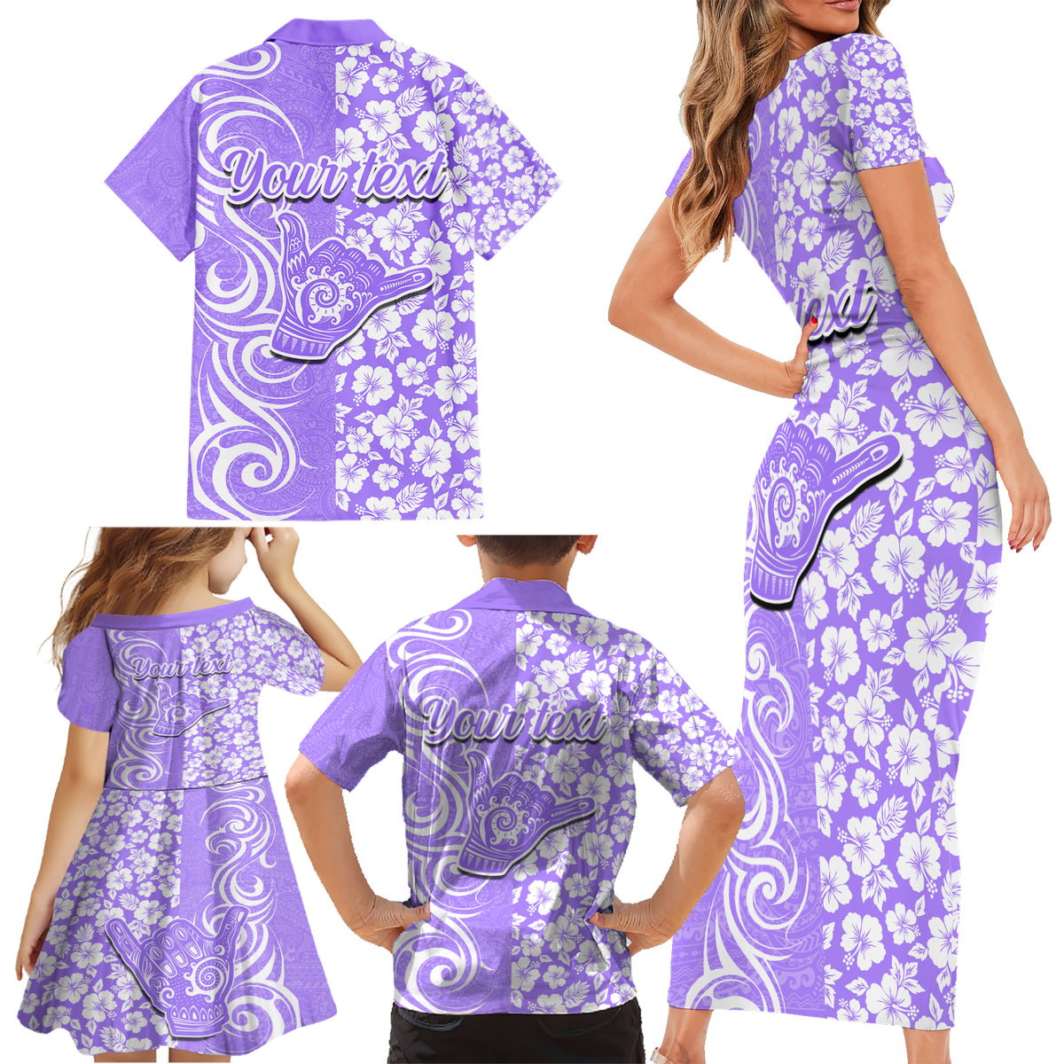 Custom Hawaii Kauai Island Family Matching Short Sleeve Bodycon Dress and Hawaiian Shirt Hibiscus Pattern Seamless Tribal Simple Purple LT03 - Polynesian Pride