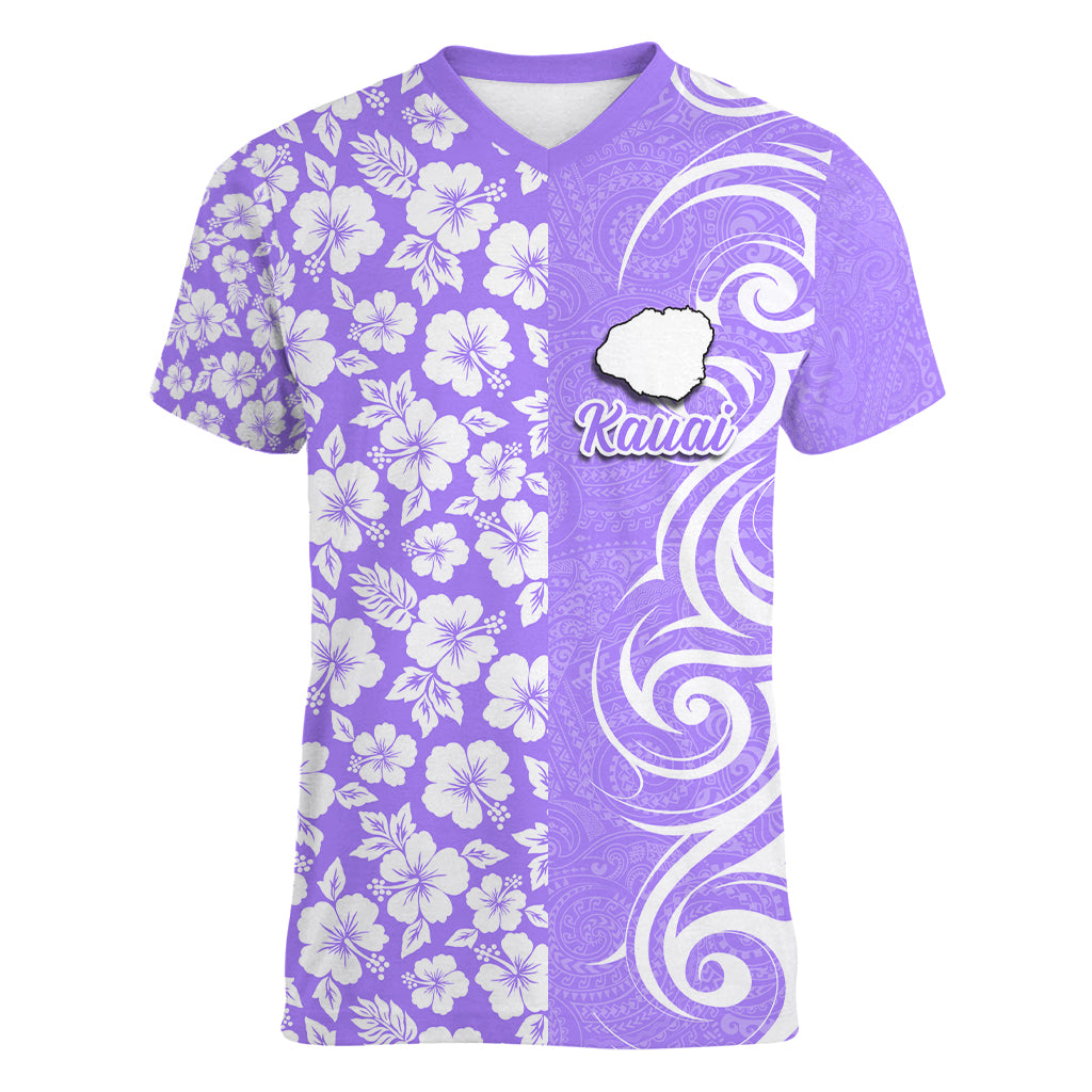 Custom Hawaii Kauai Island Women V Neck T Shirt Hibiscus Pattern Seamless Tribal Simple Purple LT03 Female Purple - Polynesian Pride