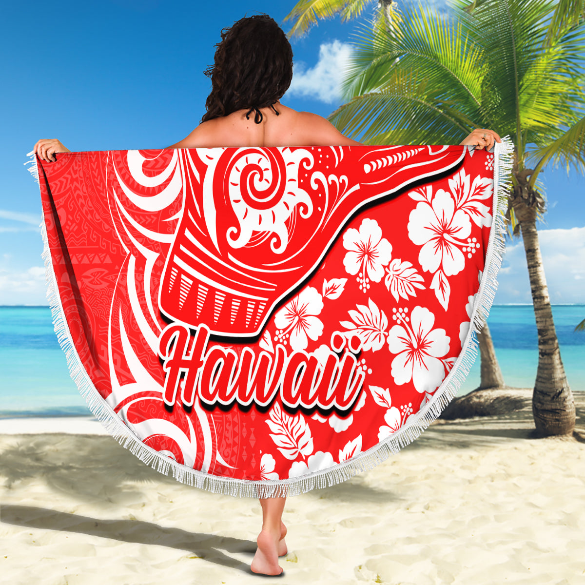 Hawaii Kauai Island Beach Blanket Hibiscus Pattern Seamless Tribal Simple Red LT03 - Wonder Print Shop