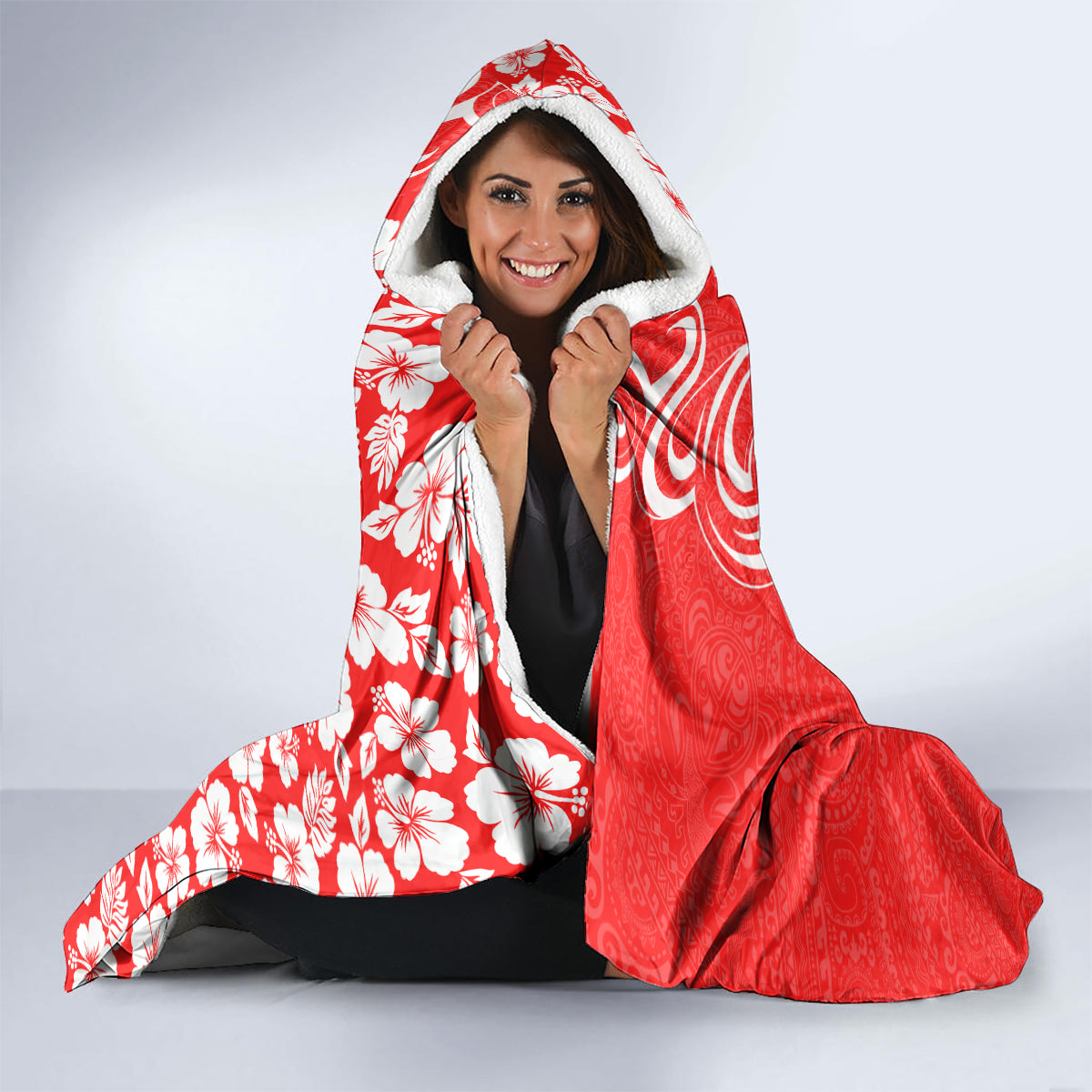 Hawaii Kauai Island Hooded Blanket Hibiscus Pattern Seamless Tribal Simple Red LT03 - Polynesian Pride