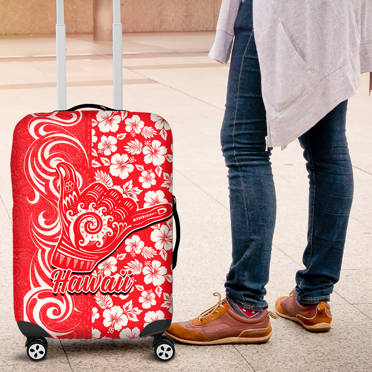 Hawaii Kauai Island Luggage Cover Hibiscus Pattern Seamless Tribal Simple Red LT03 Red - Polynesian Pride