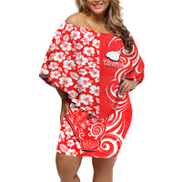 Hawaii Kauai Island Off Shoulder Short Dress Hibiscus Pattern Seamless Tribal Simple Red LT03 Women Red - Polynesian Pride
