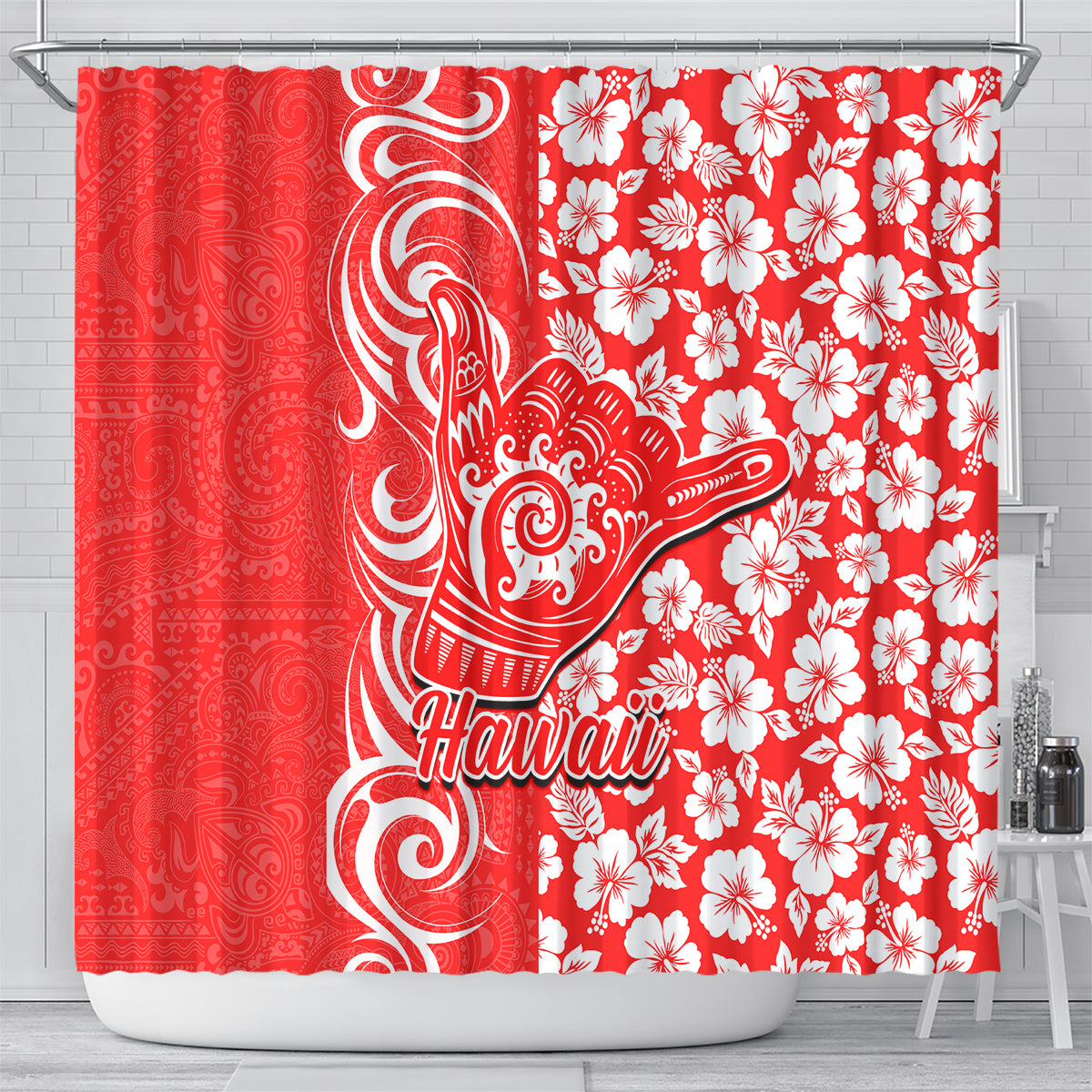 Hawaii Kauai Island Shower Curtain Hibiscus Pattern Seamless Tribal Simple Red LT03 - Polynesian Pride