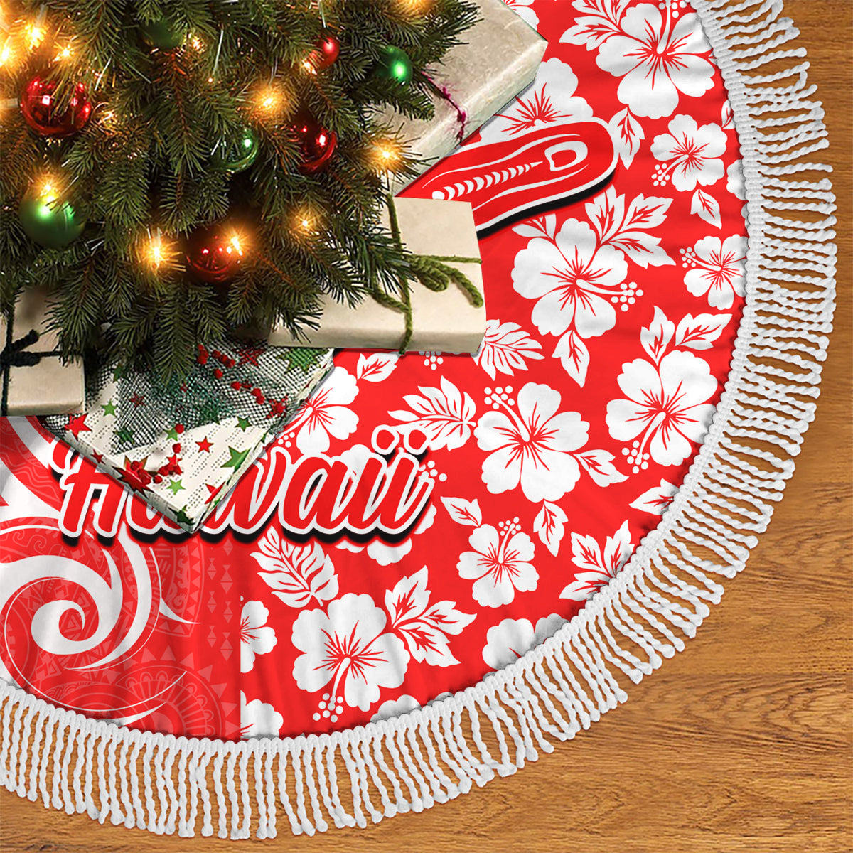 Hawaii Kauai Island Tree Skirt Hibiscus Pattern Seamless Tribal Simple Red LT03 - Polynesian Pride