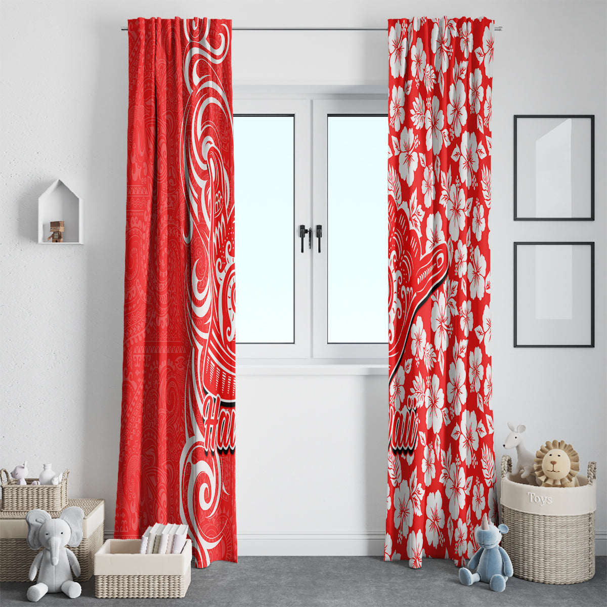 Hawaii Kauai Island Window Curtain Hibiscus Pattern Seamless Tribal Simple Red LT03 - Polynesian Pride