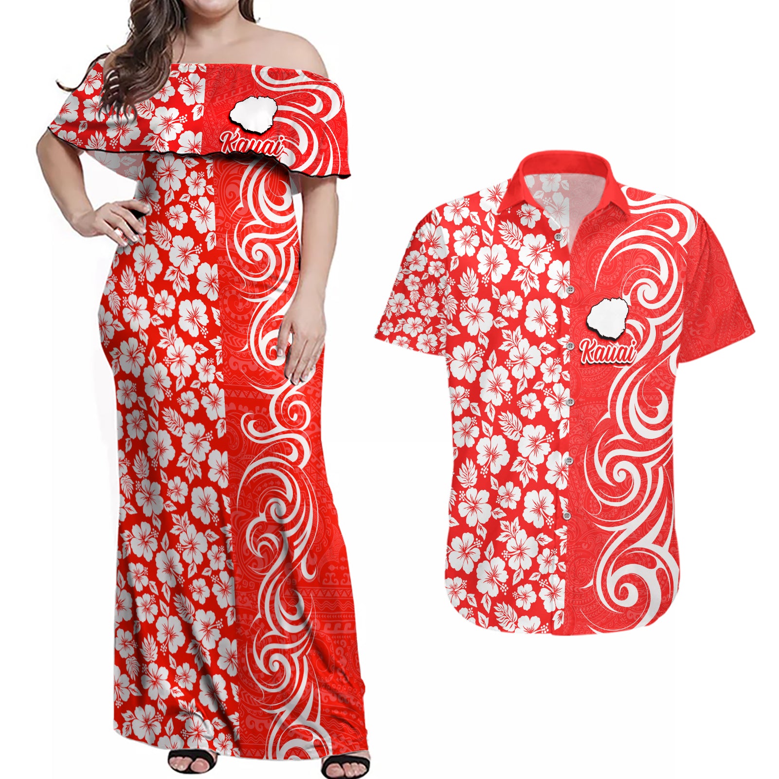 Custom Hawaii Kauai Island Couples Matching Off Shoulder Maxi Dress and Hawaiian Shirt Hibiscus Pattern Seamless Tribal Simple Red LT03 Red - Polynesian Pride