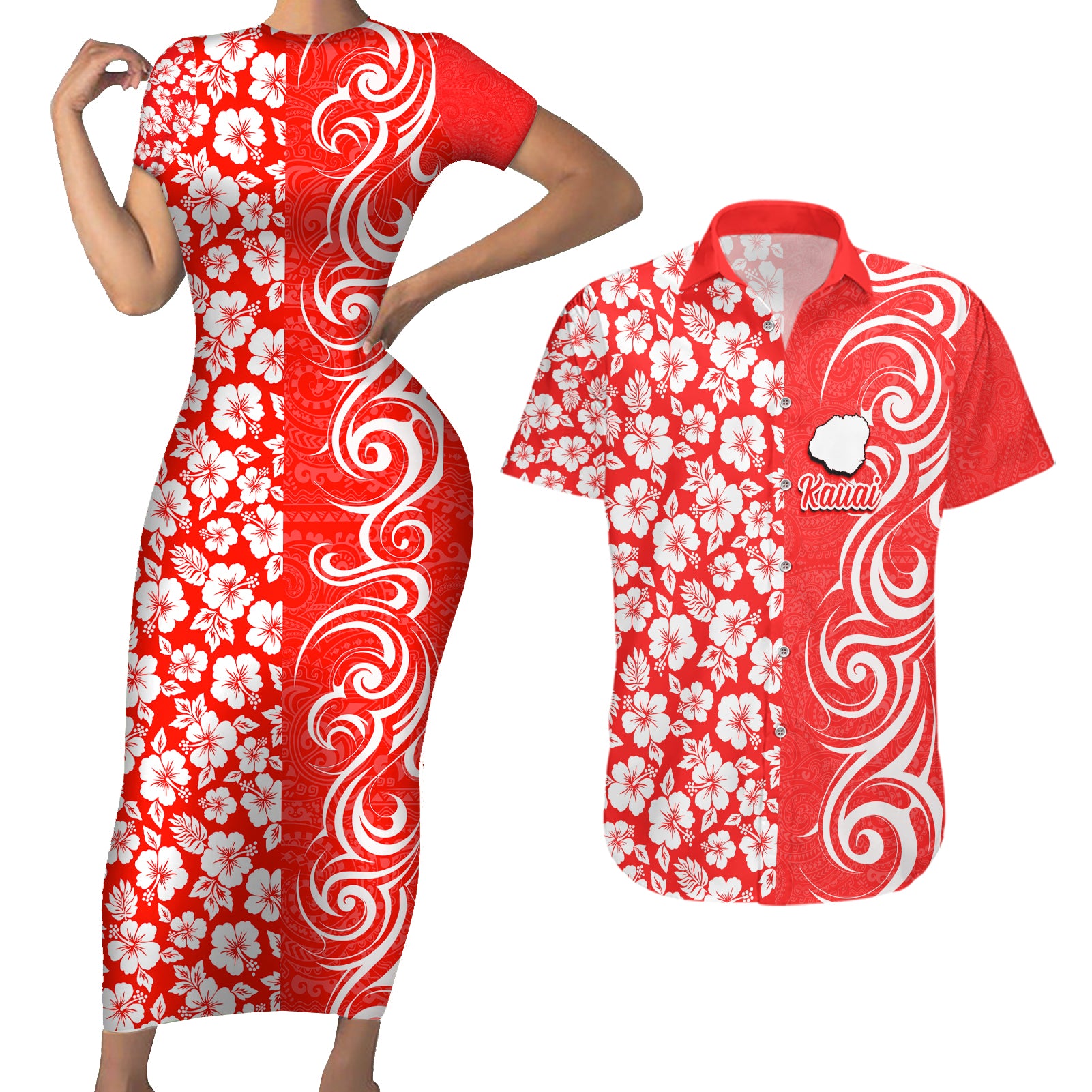 Custom Hawaii Kauai Island Couples Matching Short Sleeve Bodycon Dress and Hawaiian Shirt Hibiscus Pattern Seamless Tribal Simple Red LT03 Red - Polynesian Pride