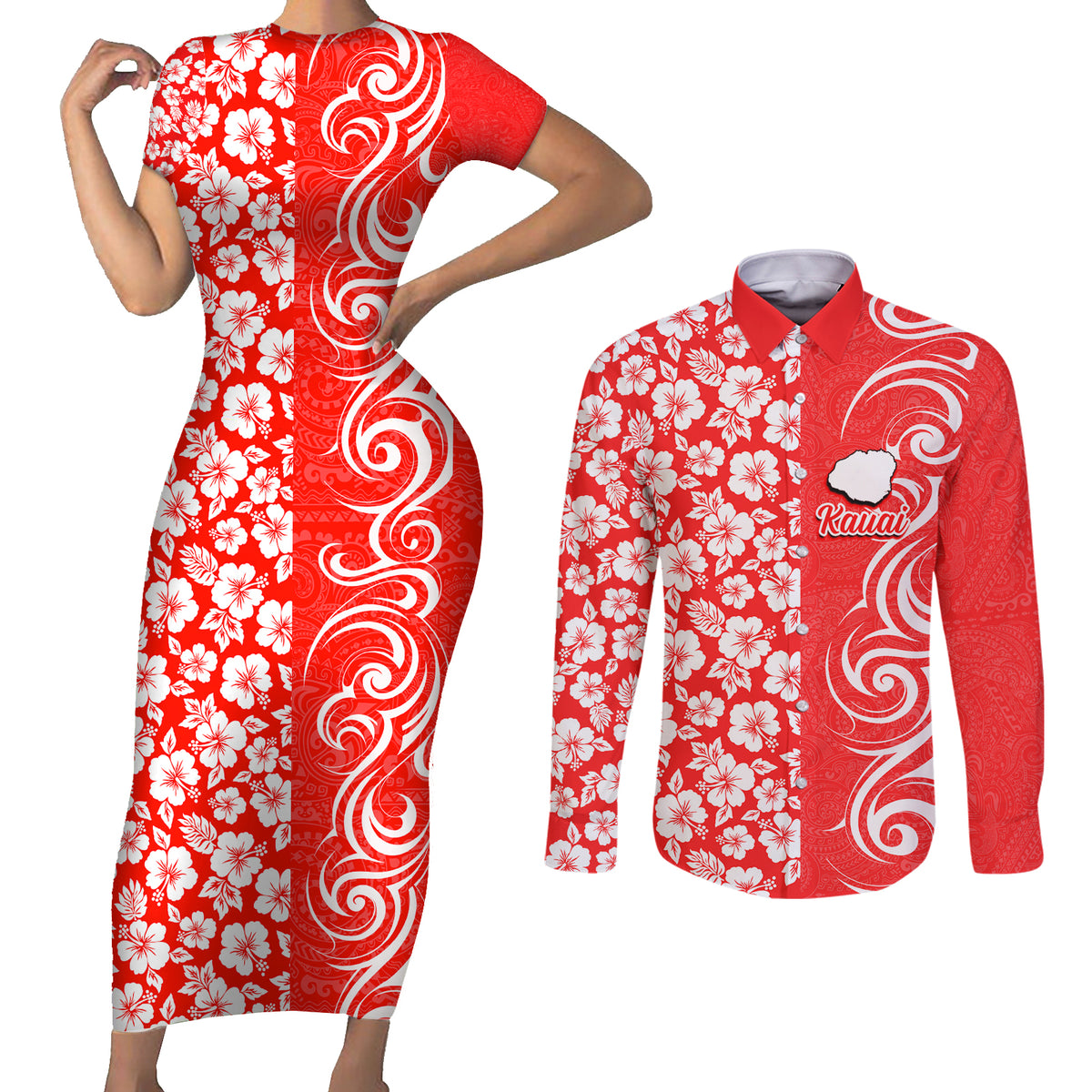 Custom Hawaii Kauai Island Couples Matching Short Sleeve Bodycon Dress and Long Sleeve Button Shirts Hibiscus Pattern Seamless Tribal Simple Red LT03 Red - Polynesian Pride