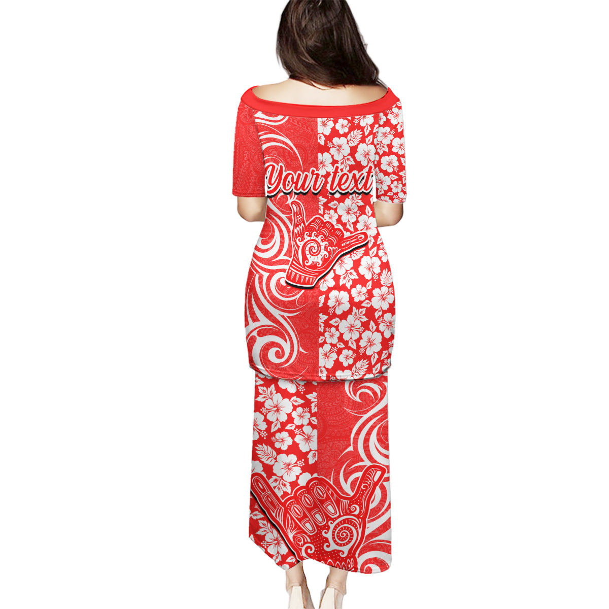 Custom Hawaii Kauai Island Family Matching Puletasi Dress and Hawaiian Shirt Hibiscus Pattern Seamless Tribal Simple Red LT03 - Polynesian Pride