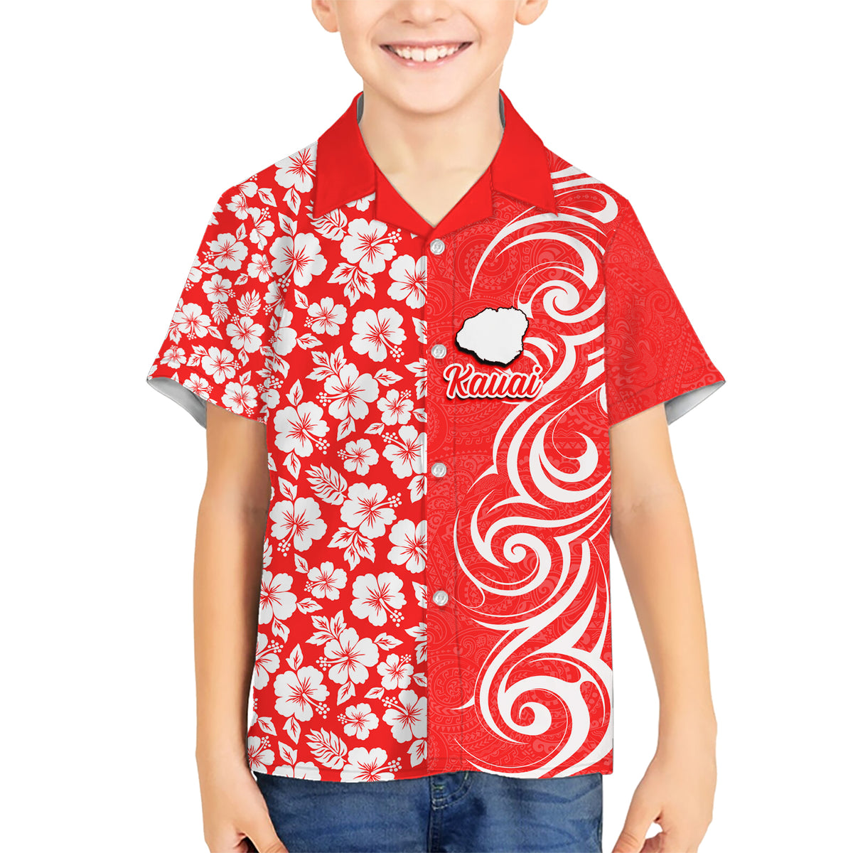 Custom Hawaii Kauai Island Hawaiian Shirt Hibiscus Pattern Seamless Tribal Simple Red LT03 - Polynesian Pride