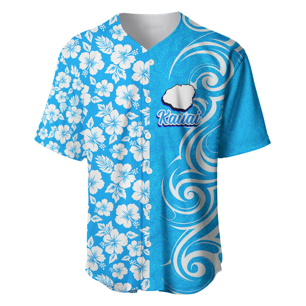 Hawaii Kauai Island Baseball Jersey Hibiscus Pattern Seamless Tribal Simple Blue LT03 Blue - Polynesian Pride