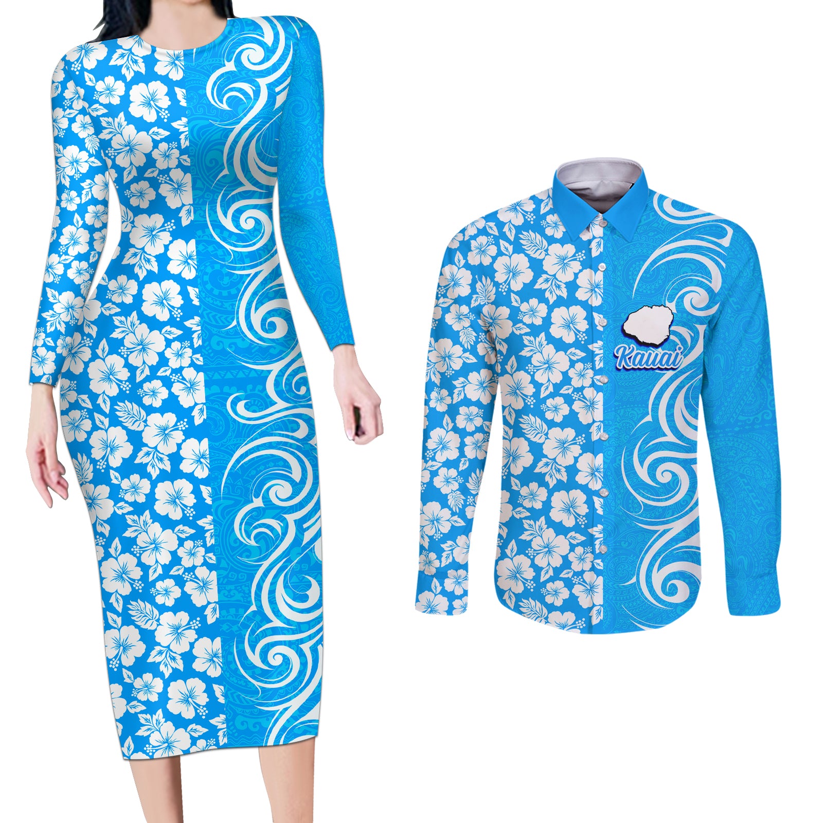 Hawaii Kauai Island Couples Matching Long Sleeve Bodycon Dress and Long Sleeve Button Shirts Hibiscus Pattern Seamless Tribal Simple Blue LT03 Blue - Polynesian Pride
