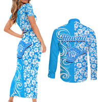 Hawaii Kauai Island Couples Matching Short Sleeve Bodycon Dress and Long Sleeve Button Shirts Hibiscus Pattern Seamless Tribal Simple Blue LT03 - Polynesian Pride