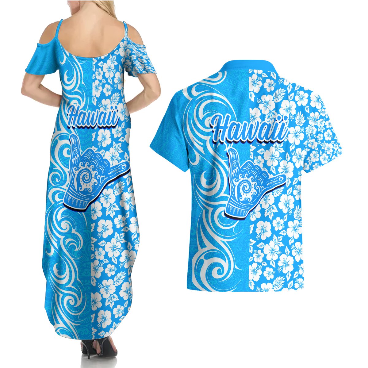 Hawaii Kauai Island Couples Matching Summer Maxi Dress and Hawaiian Shirt Hibiscus Pattern Seamless Tribal Simple Blue LT03 - Polynesian Pride