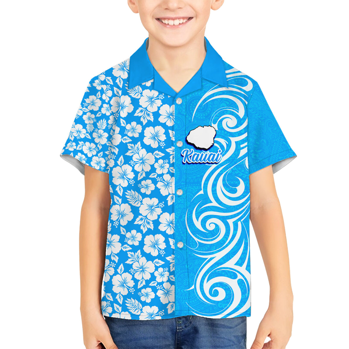 Hawaii Kauai Island Family Matching Long Sleeve Bodycon Dress and Hawaiian Shirt Hibiscus Pattern Seamless Tribal Simple Blue LT03 Son's Shirt Blue - Polynesian Pride