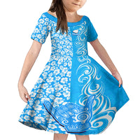 Hawaii Kauai Island Kid Short Sleeve Dress Hibiscus Pattern Seamless Tribal Simple Blue LT03 KID Blue - Polynesian Pride