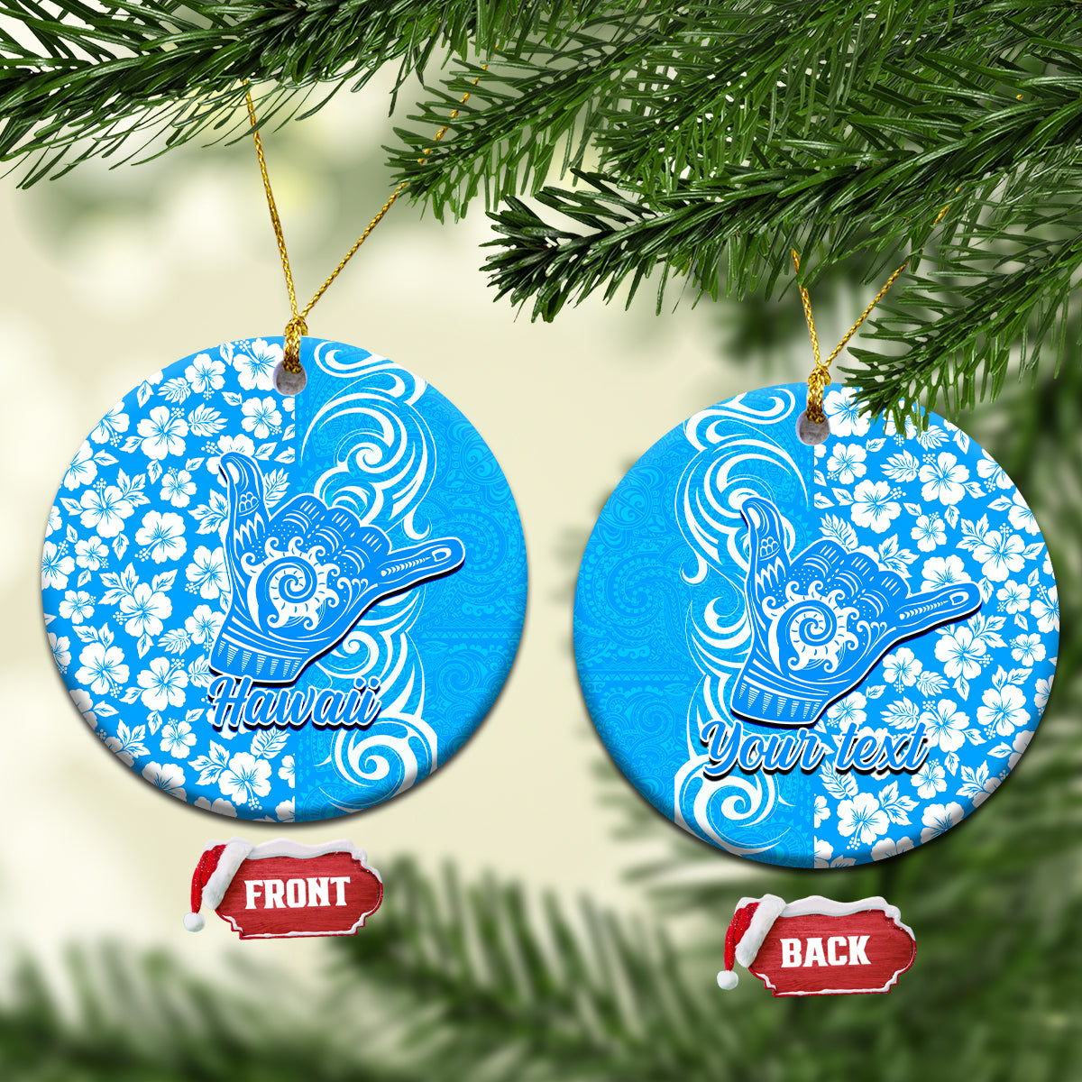 Custom Hawaii Kauai Island Ceramic Ornament Hibiscus Pattern Seamless Tribal Simple Red LT03 Blue - Polynesian Pride