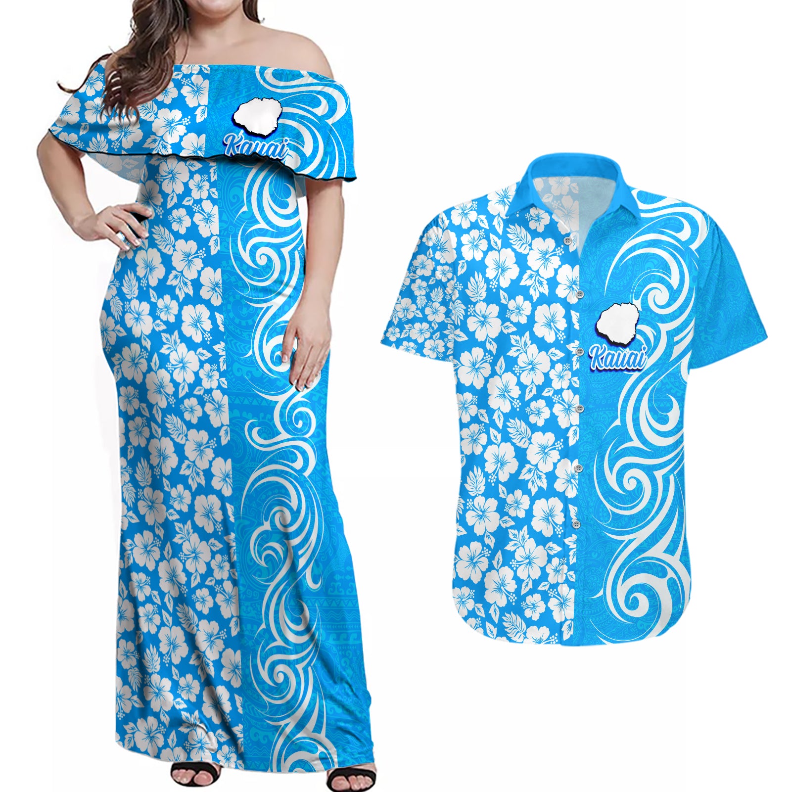 Custom Hawaii Kauai Island Couples Matching Off Shoulder Maxi Dress and Hawaiian Shirt Hibiscus Pattern Seamless Tribal Simple Blue LT03 Blue - Polynesian Pride