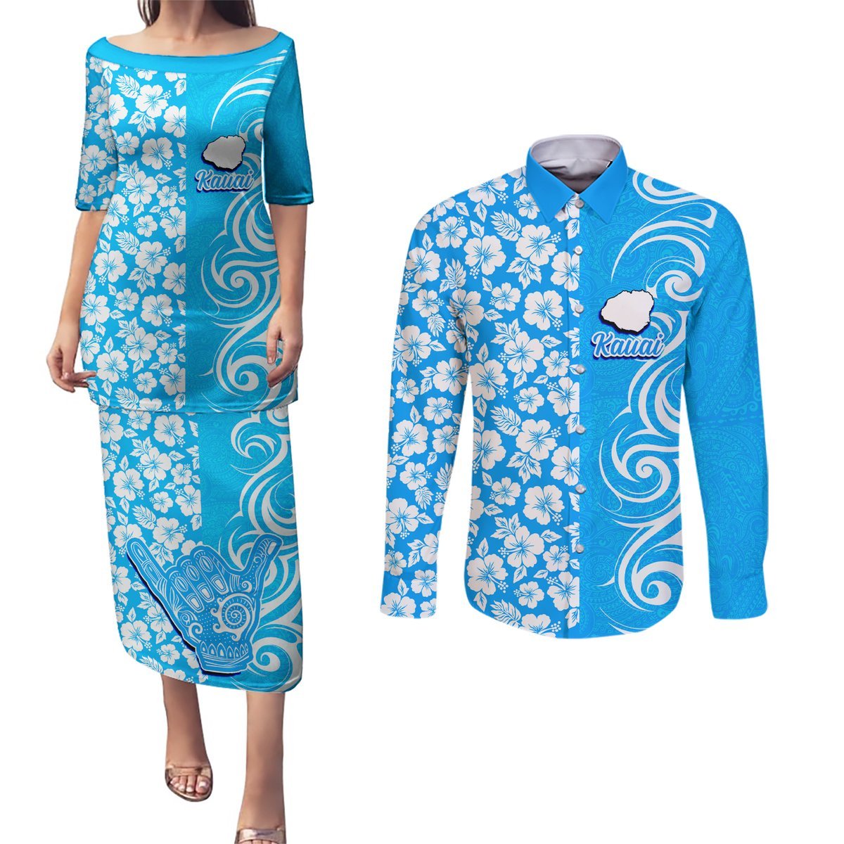 Custom Hawaii Kauai Island Couples Matching Puletasi Dress and Long Sleeve Button Shirts Hibiscus Pattern Seamless Tribal Simple Blue LT03 Blue - Polynesian Pride