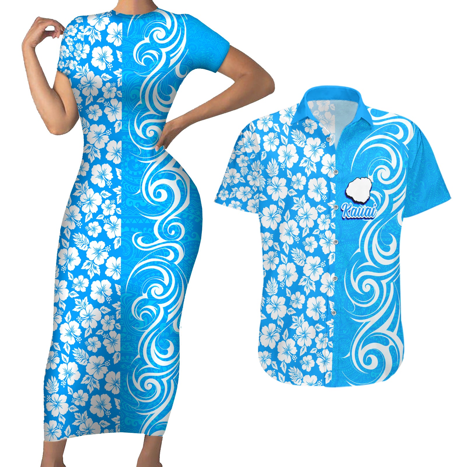 Custom Hawaii Kauai Island Couples Matching Short Sleeve Bodycon Dress and Hawaiian Shirt Hibiscus Pattern Seamless Tribal Simple Blue LT03 Blue - Polynesian Pride