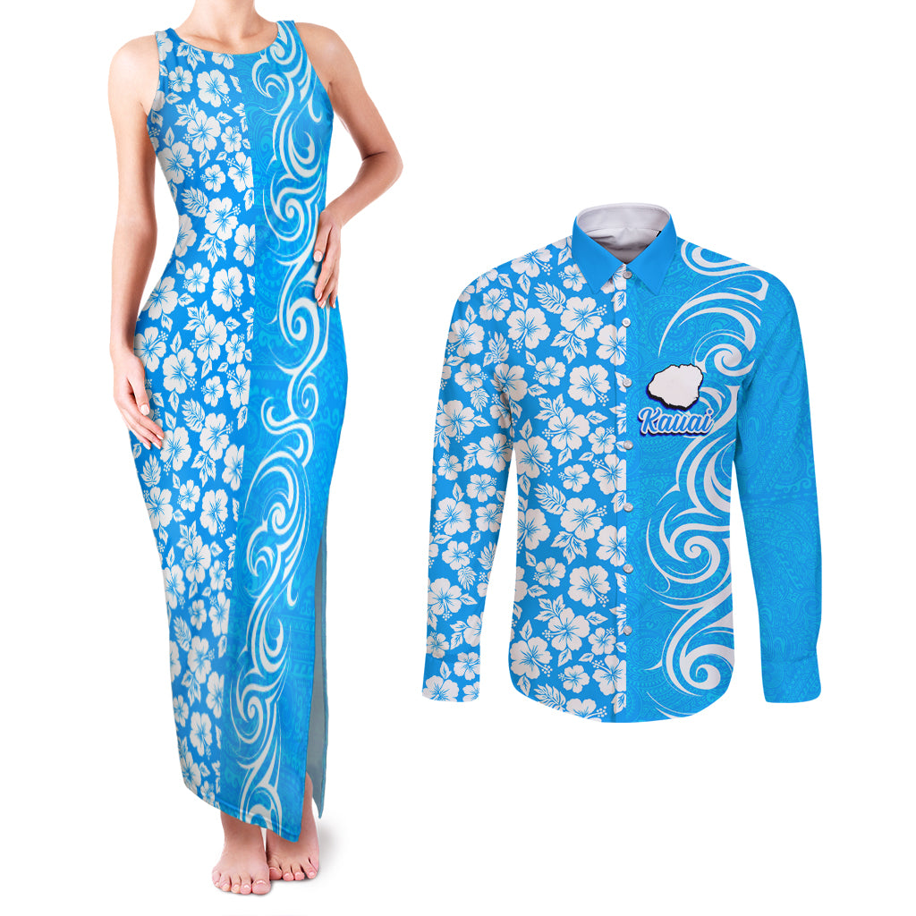 Custom Hawaii Kauai Island Couples Matching Tank Maxi Dress and Long Sleeve Button Shirts Hibiscus Pattern Seamless Tribal Simple Blue LT03 Blue - Polynesian Pride