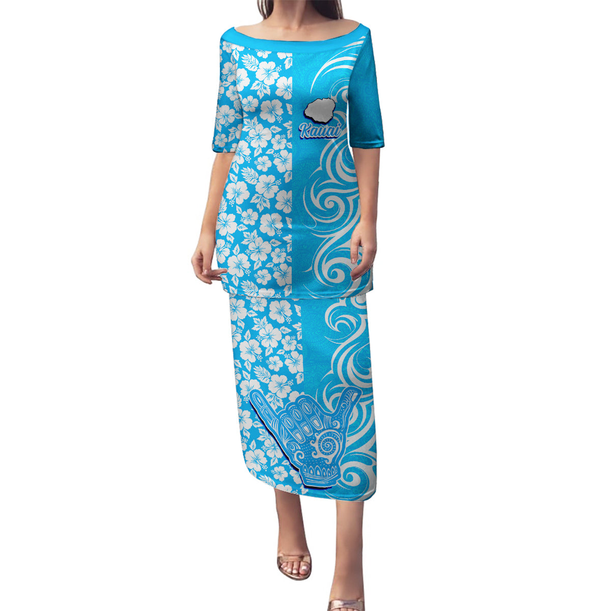 Custom Hawaii Kauai Island Family Matching Puletasi Dress and Hawaiian Shirt Hibiscus Pattern Seamless Tribal Simple Blue LT03 Mom's Dress Blue - Polynesian Pride
