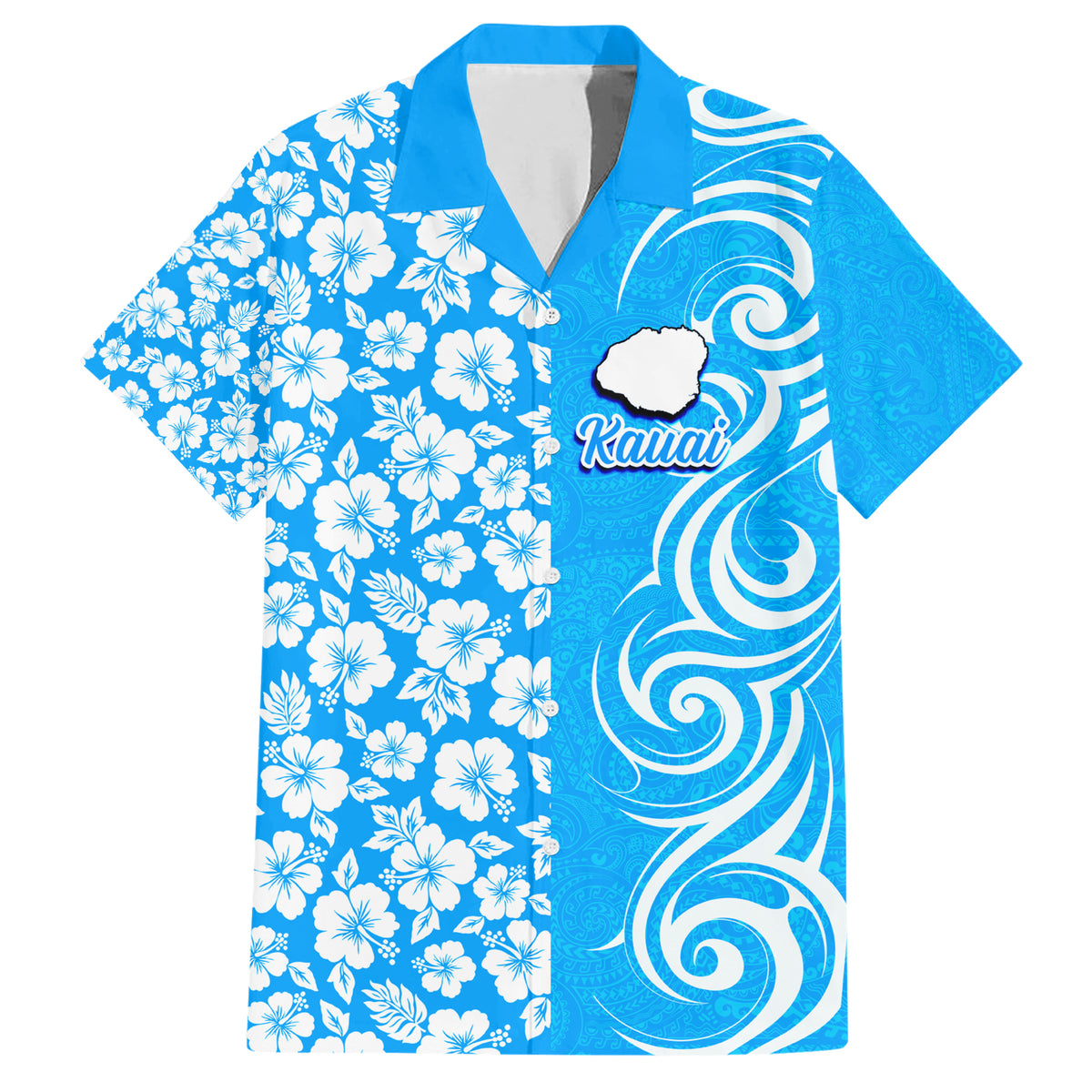 Custom Hawaii Kauai Island Family Matching Short Sleeve Bodycon Dress and Hawaiian Shirt Hibiscus Pattern Seamless Tribal Simple Blue LT03 Dad's Shirt - Short Sleeve Blue - Polynesian Pride