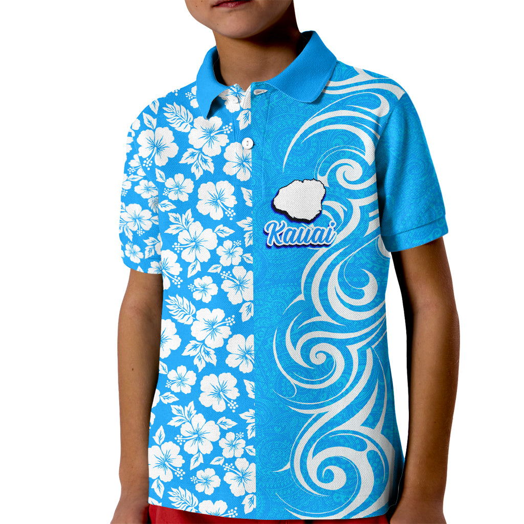 Custom Hawaii Kauai Island Kid Polo Shirt Hibiscus Pattern Seamless Tribal Simple Blue LT03 Kid Blue - Polynesian Pride