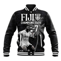 Custom Fiji Rugby Pacific Champions 2024 Baseball Jacket Anniversary 7 Titles - Fijians Rugby and Tapa Hibiscus Black Art LT03 Unisex Black - Polynesian Pride