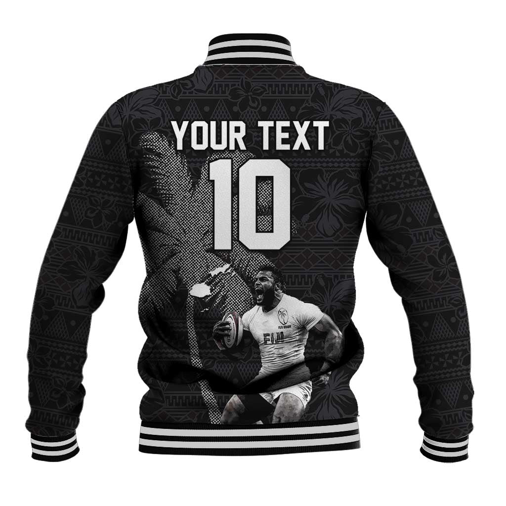 Custom Fiji Rugby Pacific Champions 2024 Baseball Jacket Anniversary 7 Titles - Fijians Rugby and Tapa Hibiscus Black Art LT03 - Polynesian Pride