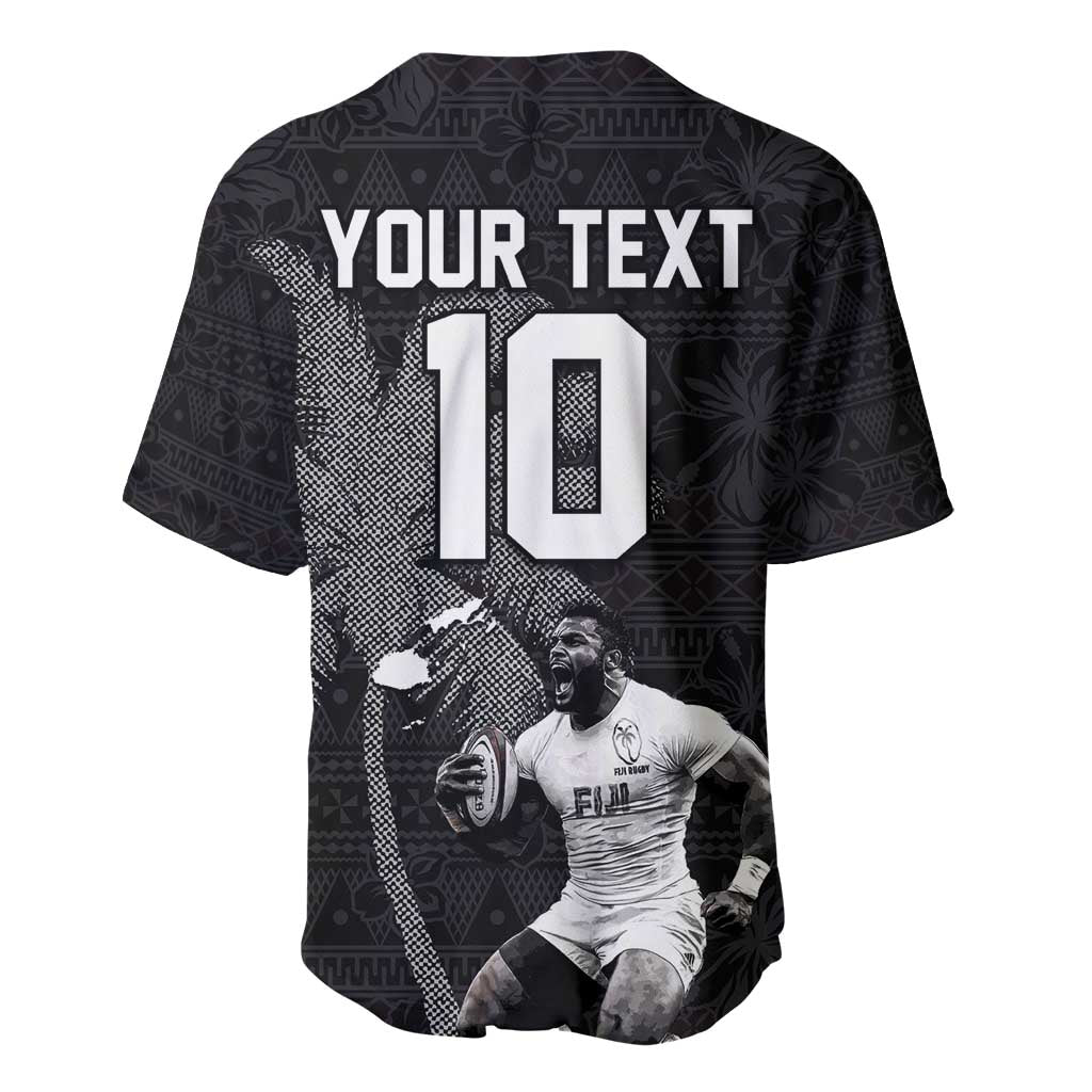 Custom Fiji Rugby Pacific Champions 2024 Baseball Jersey Anniversary 7 Titles - Fijians Rugby and Tapa Hibiscus Black Art LT03 - Polynesian Pride