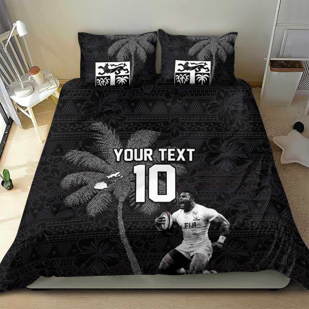 Custom Fiji Rugby Pacific Champions 2024 Bedding Set Anniversary 7 Titles - Fijians Rugby and Tapa Hibiscus Black Art LT03 - Polynesian Pride