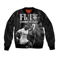 Custom Fiji Rugby Pacific Champions 2024 Bomber Jacket Anniversary 7 Titles - Fijians Rugby and Tapa Hibiscus Black Art LT03 Unisex Black - Polynesian Pride