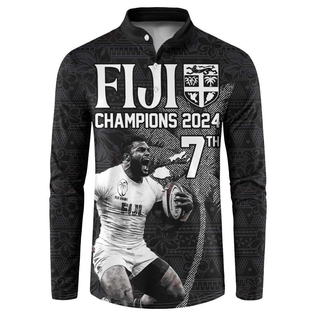 Custom Fiji Rugby Pacific Champions 2024 Button Sweatshirt Anniversary 7 Titles - Fijians Rugby and Tapa Hibiscus Black Art LT03 Black - Polynesian Pride