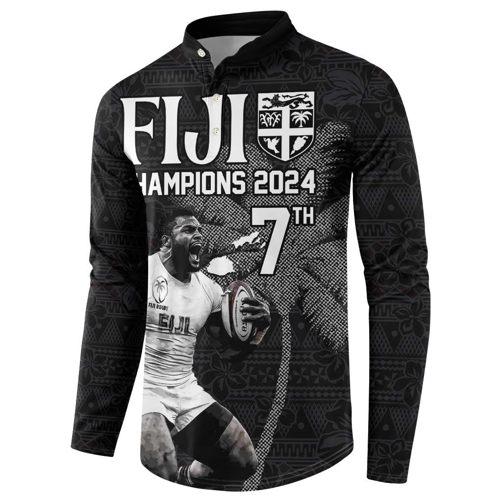 Custom Fiji Rugby Pacific Champions 2024 Button Sweatshirt Anniversary 7 Titles - Fijians Rugby and Tapa Hibiscus Black Art LT03 - Polynesian Pride