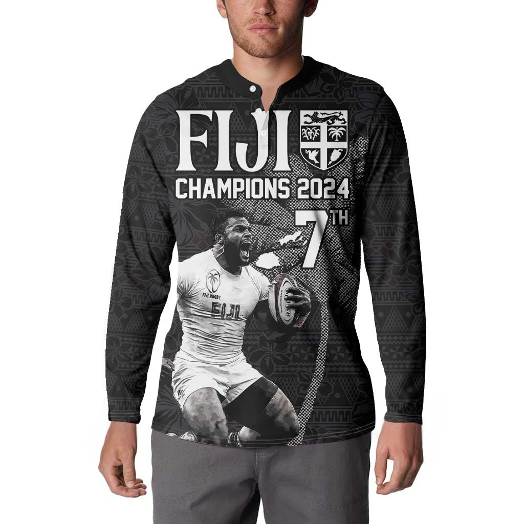 Custom Fiji Rugby Pacific Champions 2024 Button Sweatshirt Anniversary 7 Titles - Fijians Rugby and Tapa Hibiscus Black Art LT03 - Polynesian Pride