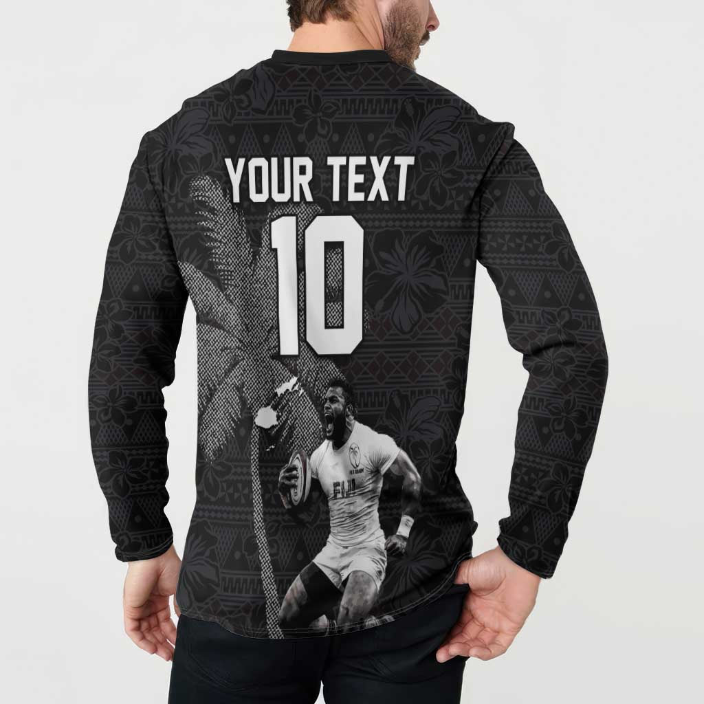 Custom Fiji Rugby Pacific Champions 2024 Button Sweatshirt Anniversary 7 Titles - Fijians Rugby and Tapa Hibiscus Black Art LT03 - Polynesian Pride