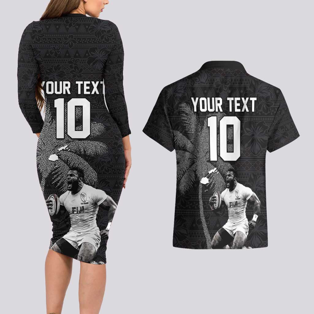 Custom Fiji Rugby Pacific Champions 2024 Couples Matching Long Sleeve Bodycon Dress and Hawaiian Shirt Anniversary 7 Titles - Fijians Rugby and Tapa Hibiscus Black Art